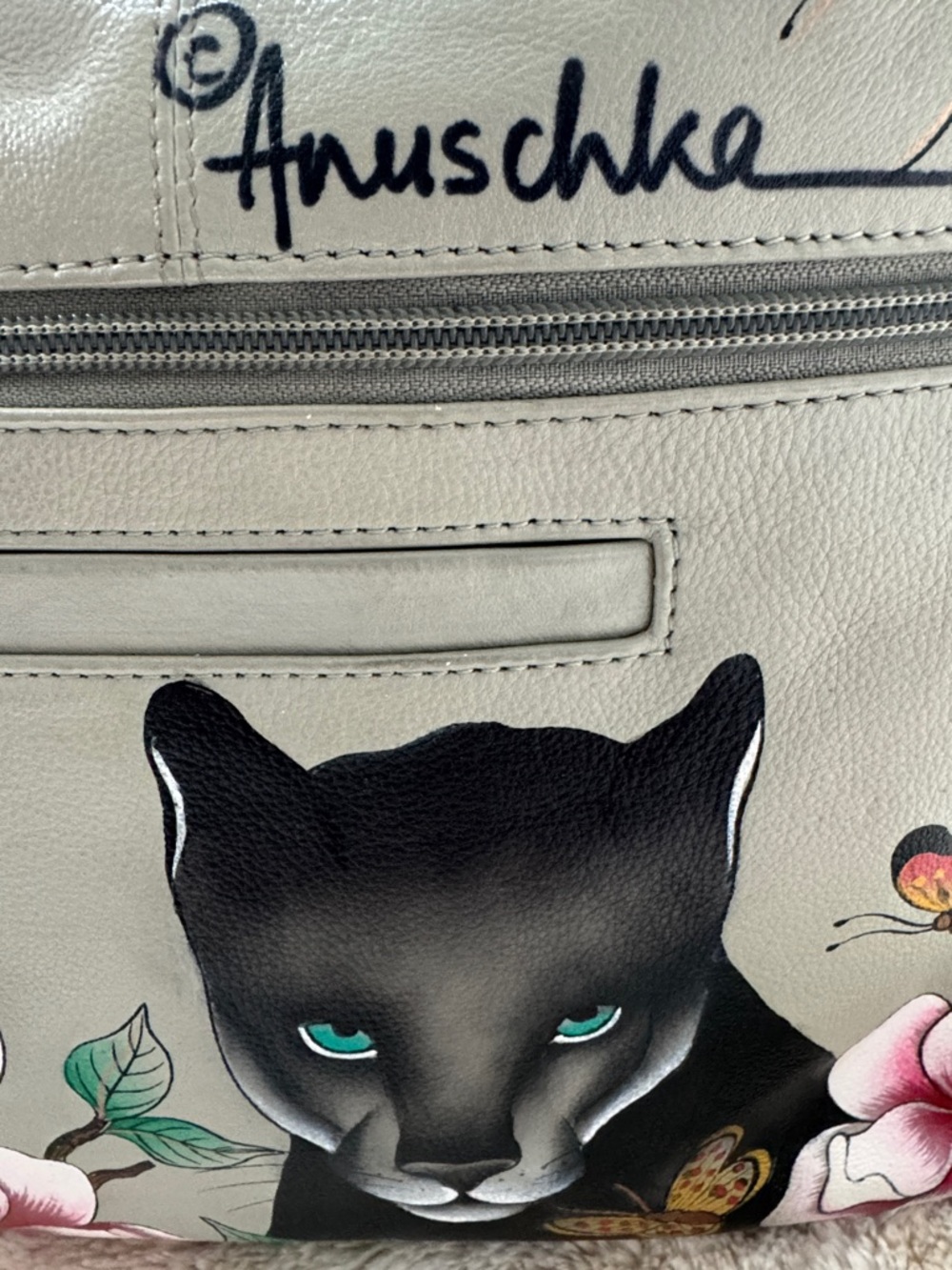 Anuschka Leather Shoulder Crossbody Bag with Hand Painted Panther & Floral Art - Picture 6 of 15
